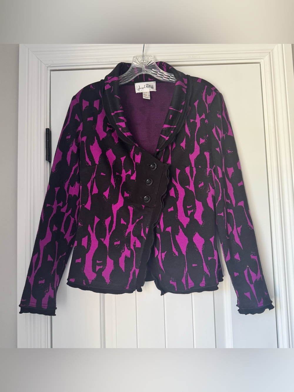Joseph Ribkoff Ruffle Collar Asymmetric Knit Cardigan